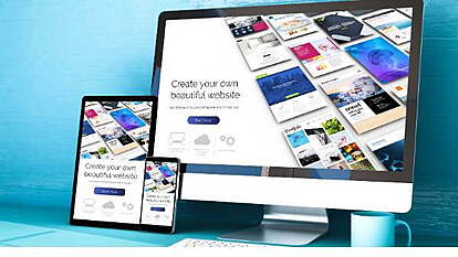 Multiple screens displaying various website designs with different elements.